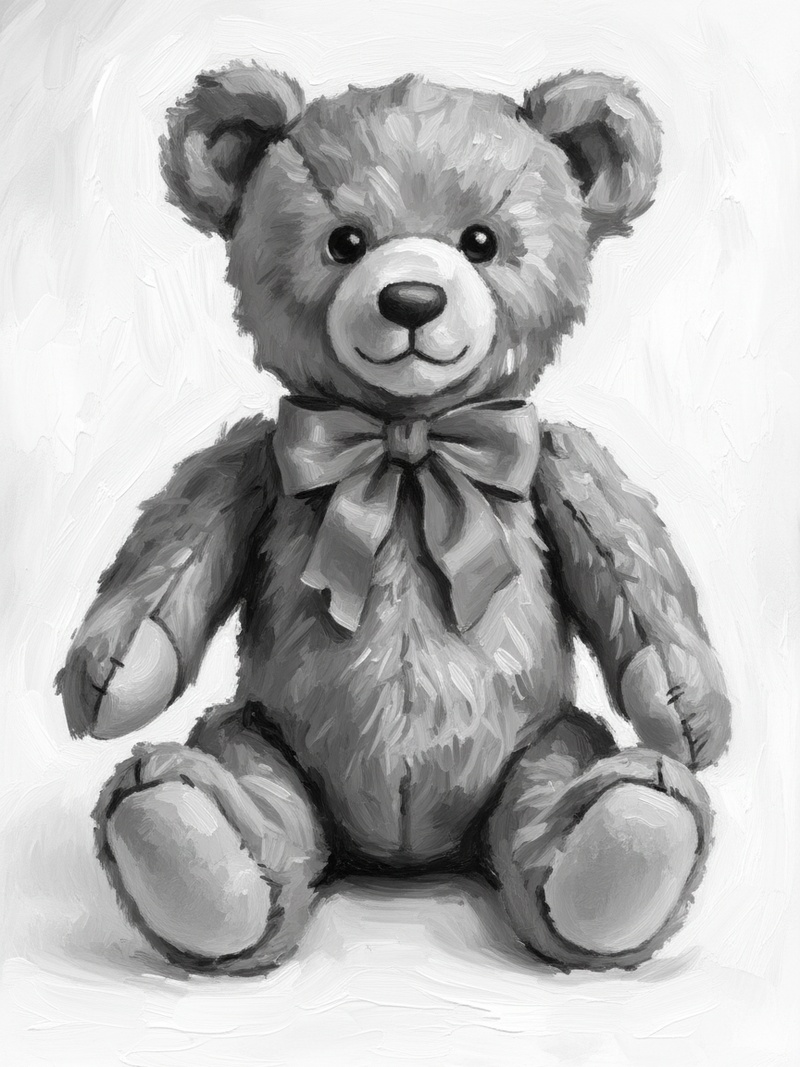 Vintage Teddy Bear with Red Bow in Impressionist Painting - Black & White Illustration