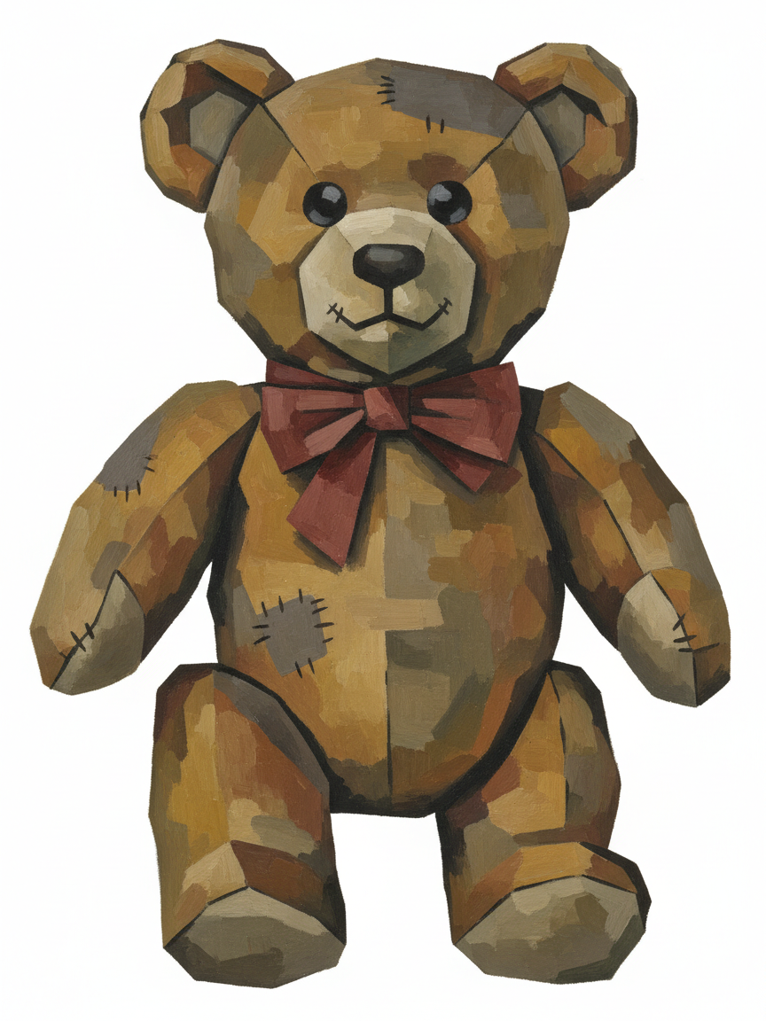 Vintage Teddy Bear with Red Bow - Full Colored Illustration