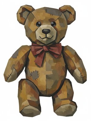 Vintage Teddy Bear with Red Bow in Cubist Painting