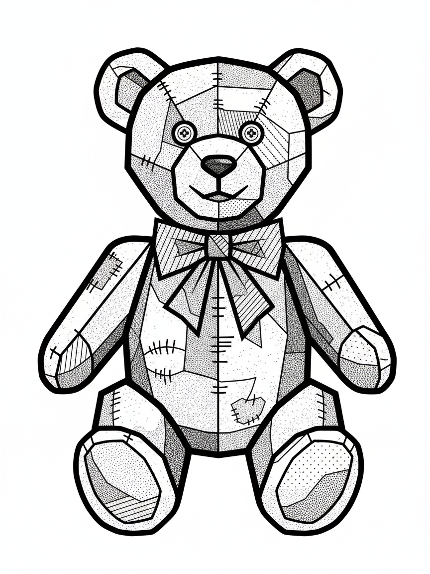 Vintage Teddy Bear with Red Bow - Black & White Illustration