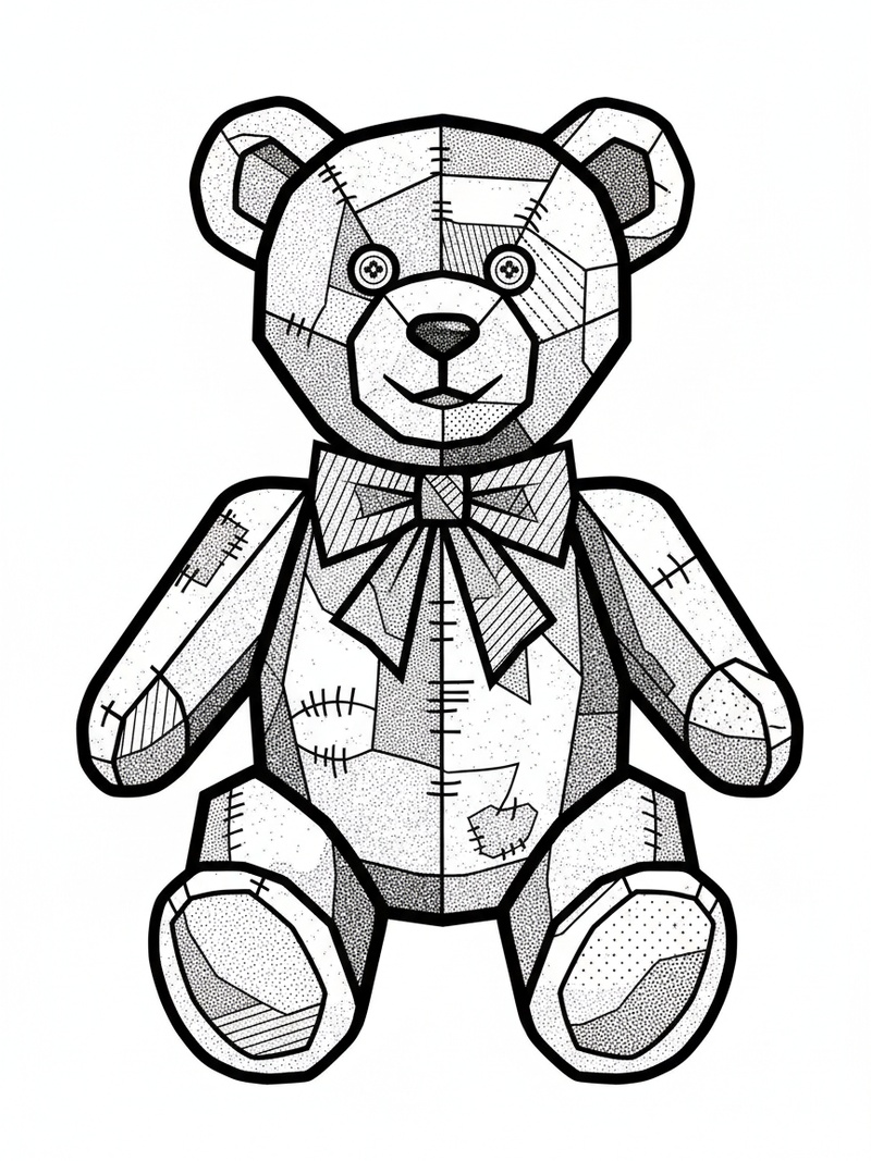 Vintage Teddy Bear with Red Bow in Cubist Painting - Black & White Illustration