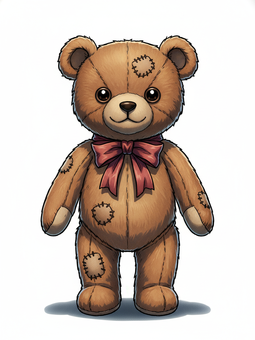 Vintage Teddy Bear with Red Bow - Full Colored Illustration