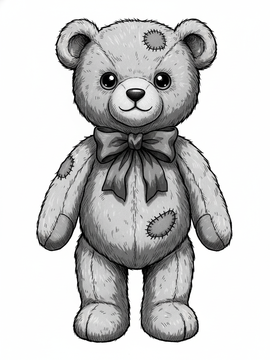 Vintage Teddy Bear with Red Bow - Black & White Illustration