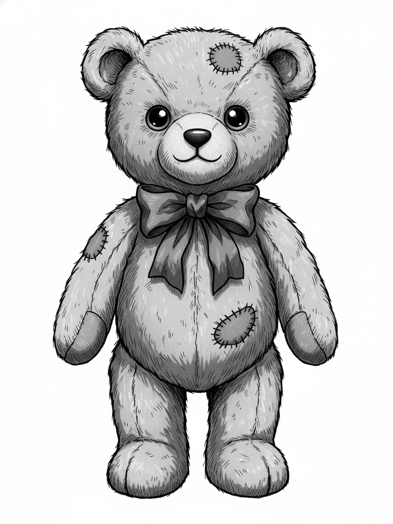 Vintage Teddy Bear with Red Bow in Webtoon Anime - Black & White Illustration