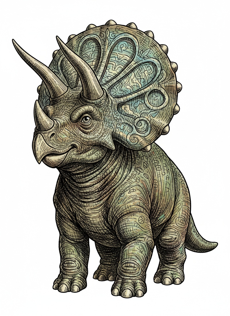 Trixie the Triceratops in Victorian Illustration - Full Colored Illustration