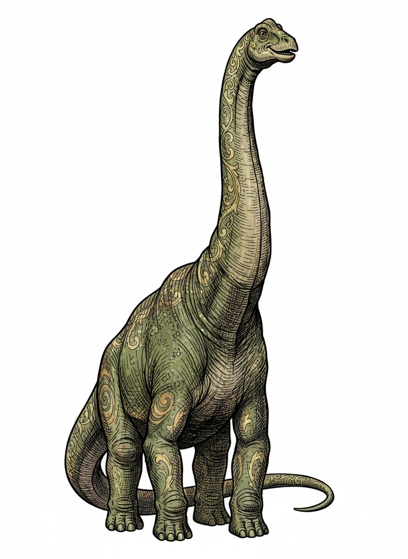 Stretch the Brachiosaurus in Victorian Illustration - Full Colored Illustration