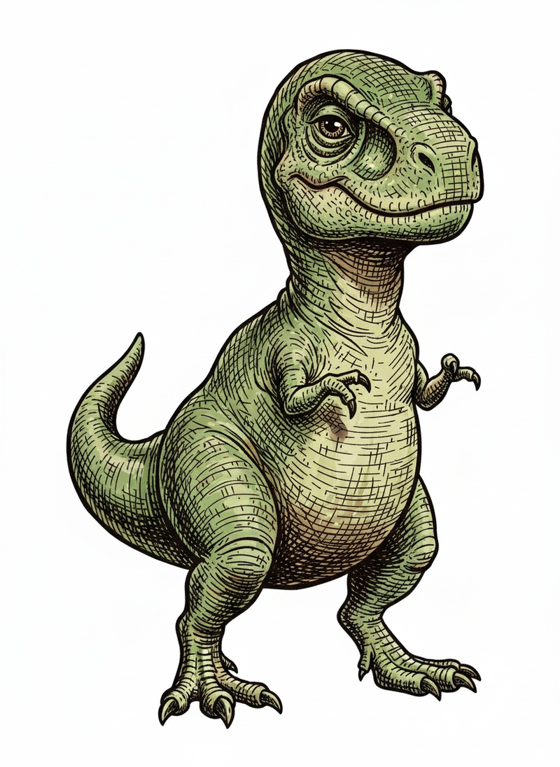 Chomper the Baby T-Rex in Victorian Illustration - Full Colored Illustration