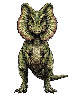 Spitter the Dilophosaurus in Victorian Illustration - Full Colored Illustration