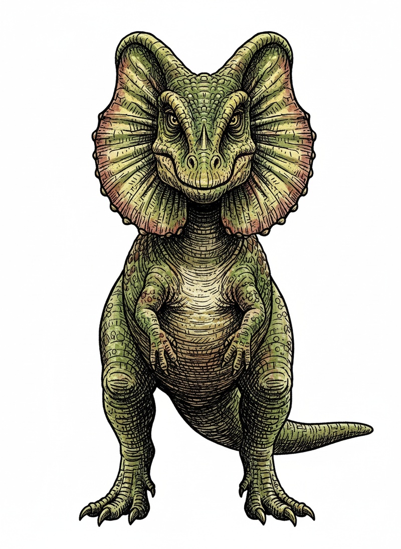 Spitter the Dilophosaurus in Victorian Illustration - Full Colored Illustration