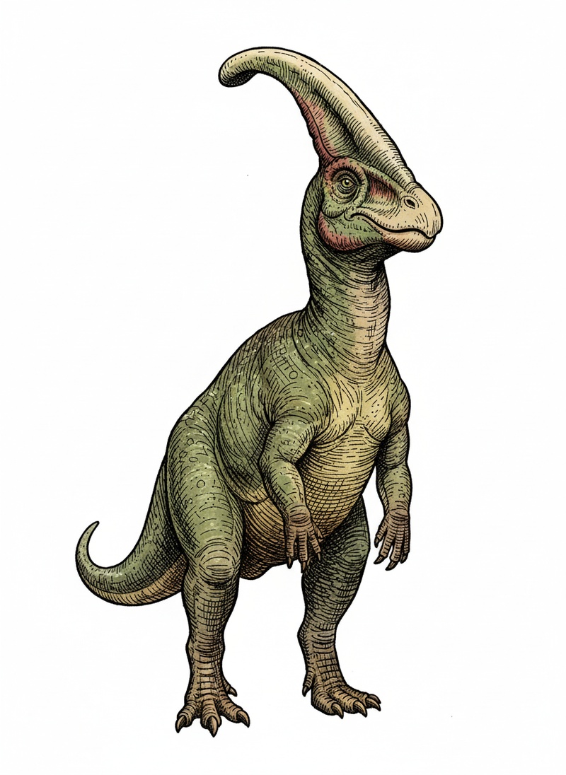 Crest the Parasaurolophus in Victorian Illustration - Full Colored Illustration