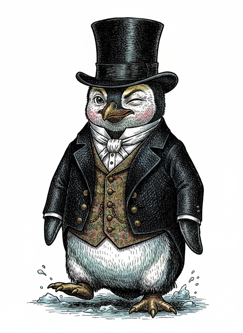 Waddle the Penguin in Victorian Illustration - Full Colored Illustration