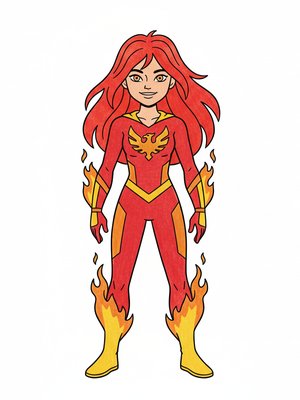 Phoenix Girl the Fire Hero in Classic Coloring Book - Full Colored Illustration