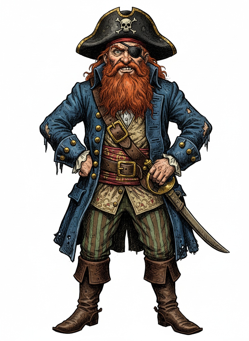 Captain Redbeard the Pirate in Victorian Illustration - Full Colored Illustration