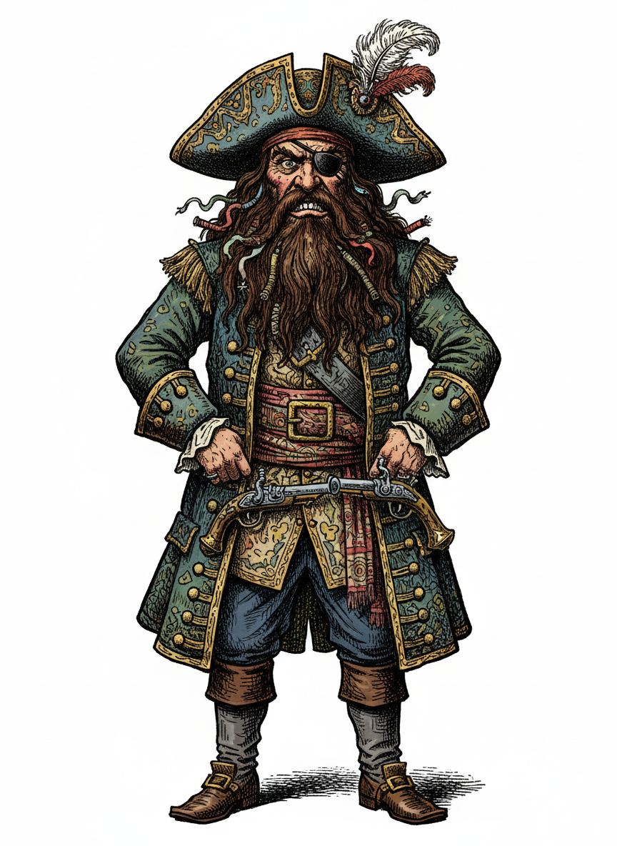 Blackbeard the Villain Pirate - Full Colored Illustration