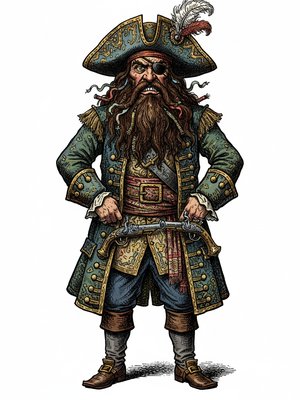 Blackbeard the Villain Pirate in Victorian Illustration - Full Colored Illustration