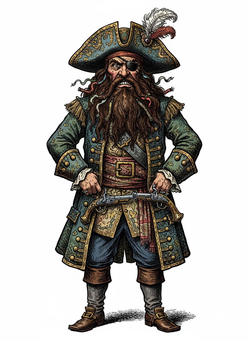Blackbeard the Villain Pirate in Victorian Illustration - Full Colored Illustration