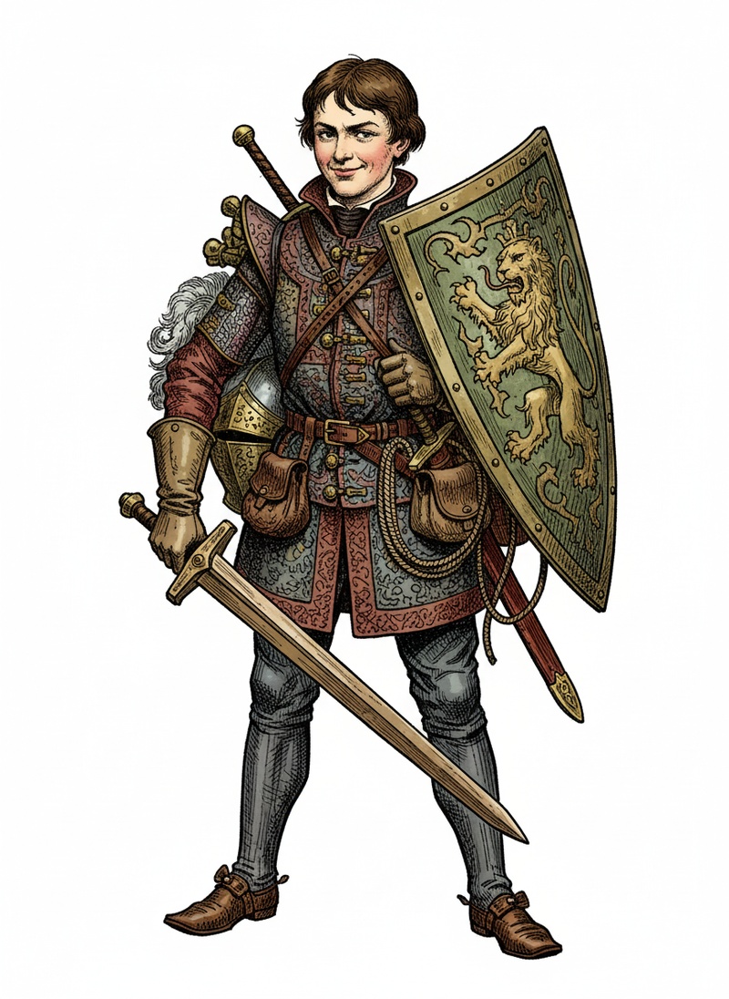 Squire Tom the Knight Trainee in Victorian Illustration - Full Colored Illustration