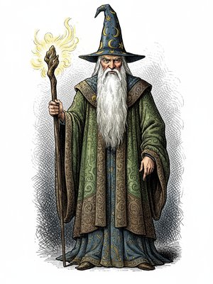 Merlin the Wise Wizard in Victorian Illustration - Full Colored Illustration