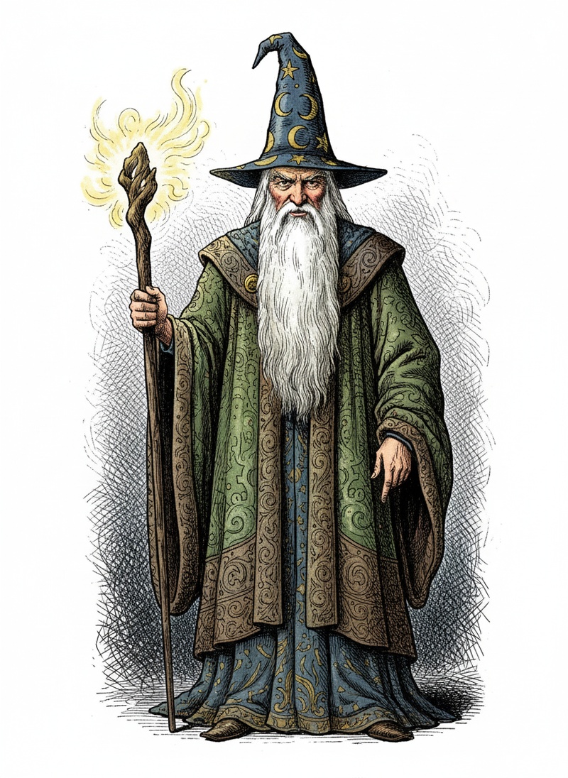 Merlin the Wise Wizard in Victorian Illustration - Full Colored Illustration