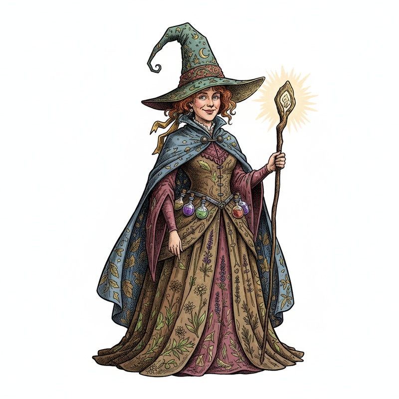 Hazel the Helpful Witch in Victorian Illustration - Full Colored Illustration