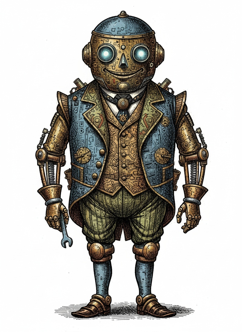 Bolt the Robot Helper in Victorian Illustration - Full Colored Illustration