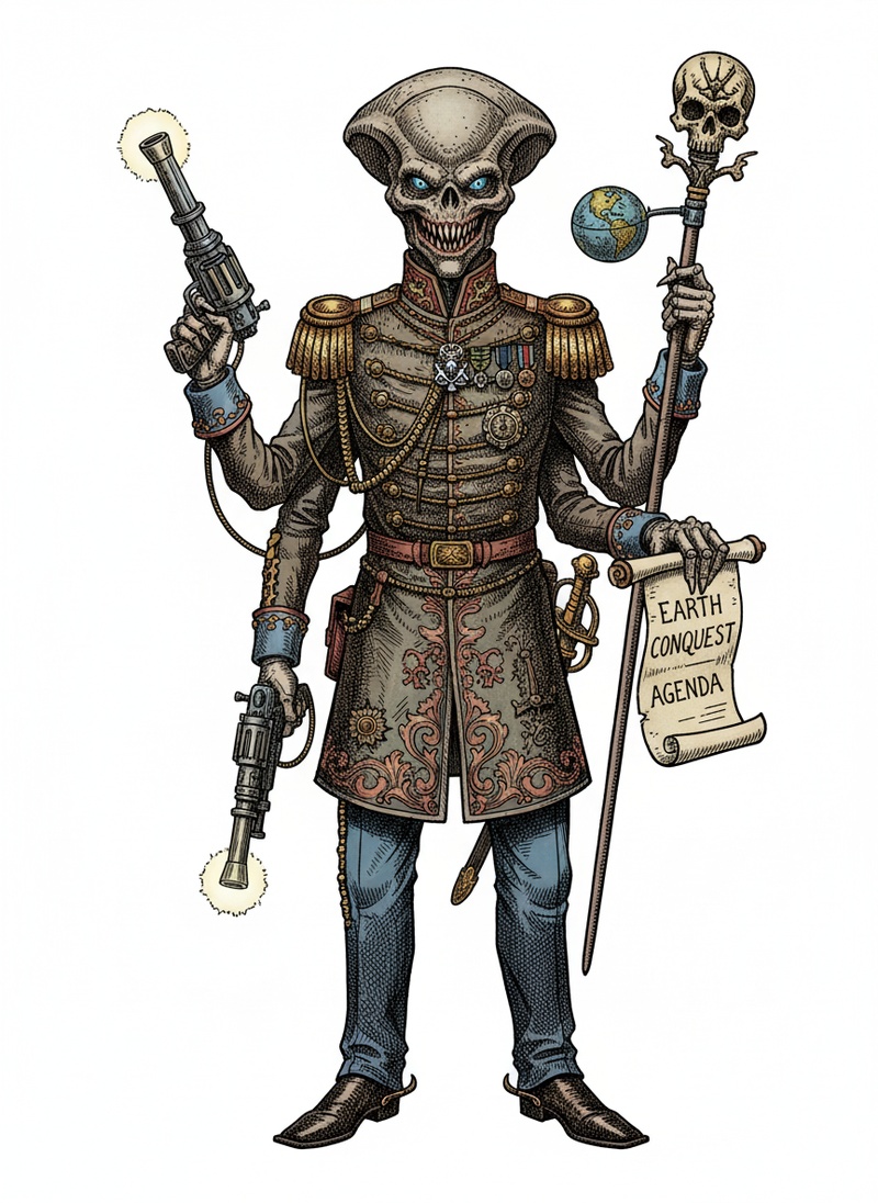 Invader the Villain Alien in Victorian Illustration - Full Colored Illustration