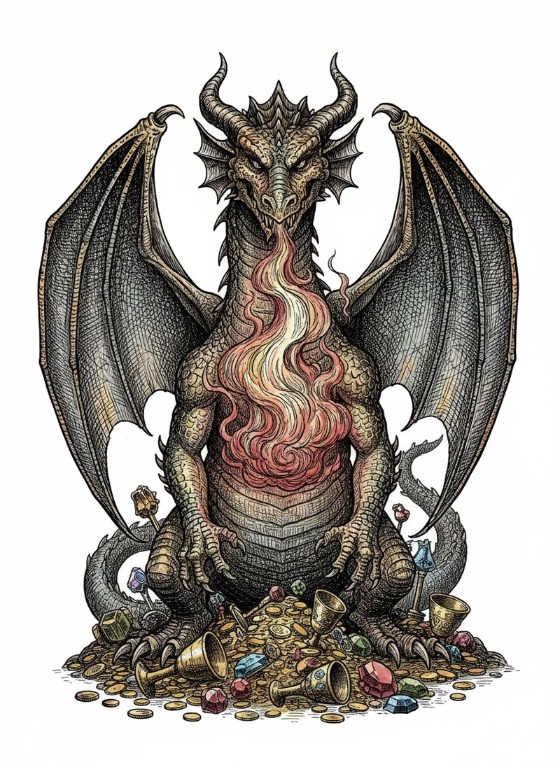 Ember the Fierce Dragon in Victorian Illustration - Full Colored Illustration