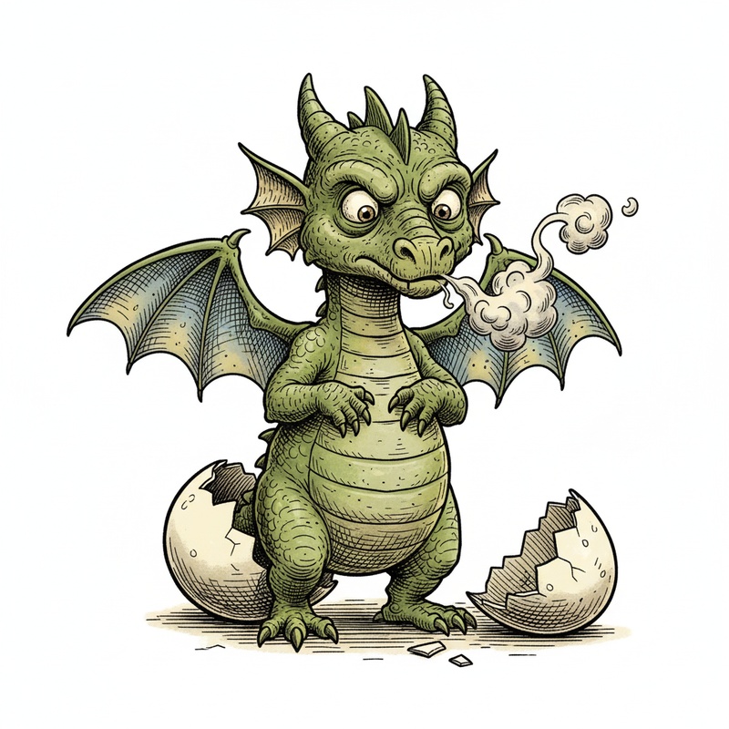 Baby Spark the Dragon Hatchling in Victorian Illustration - Full Colored Illustration