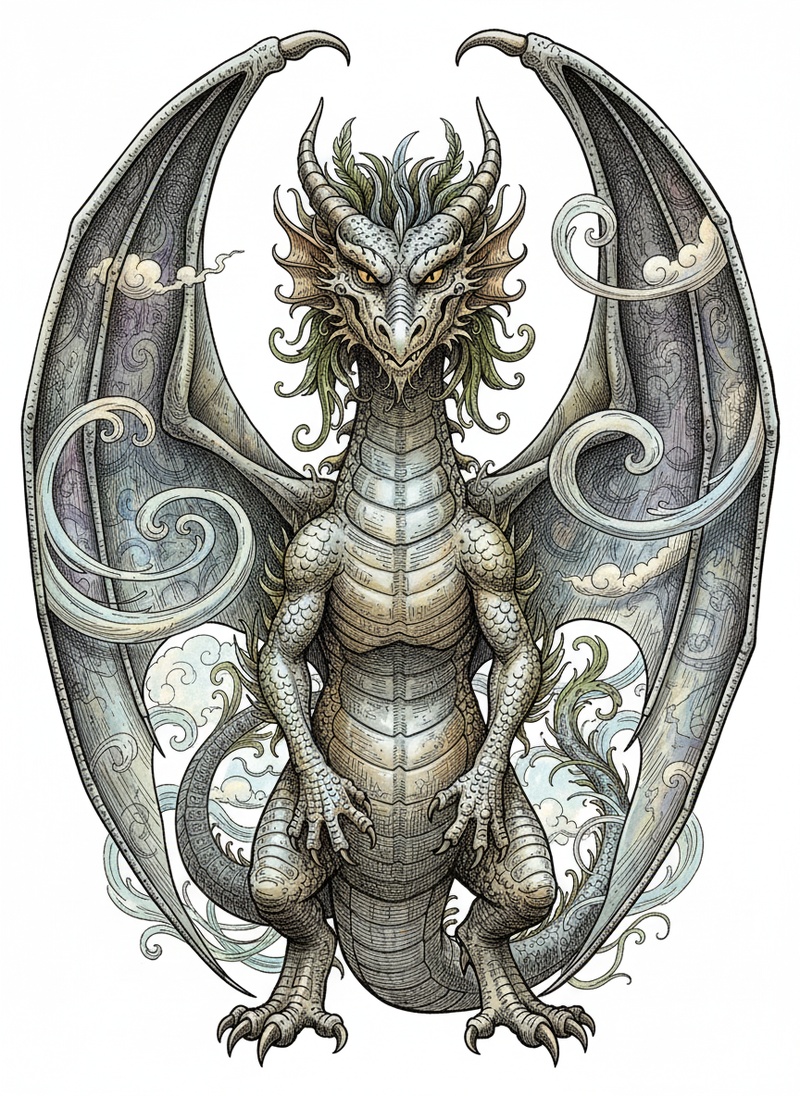 Zephyr the Wind Dragon in Victorian Illustration - Full Colored Illustration