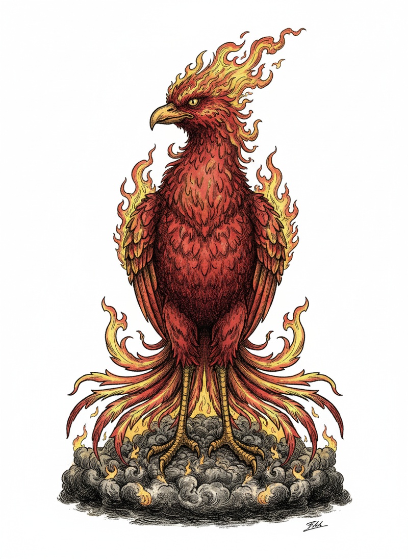 Blaze the Phoenix in Victorian Illustration - Full Colored Illustration
