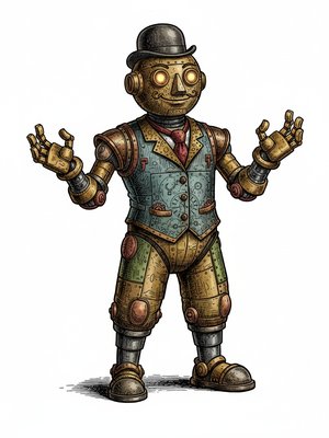 Sparky the Robot Helper in Victorian Illustration - Full Colored Illustration