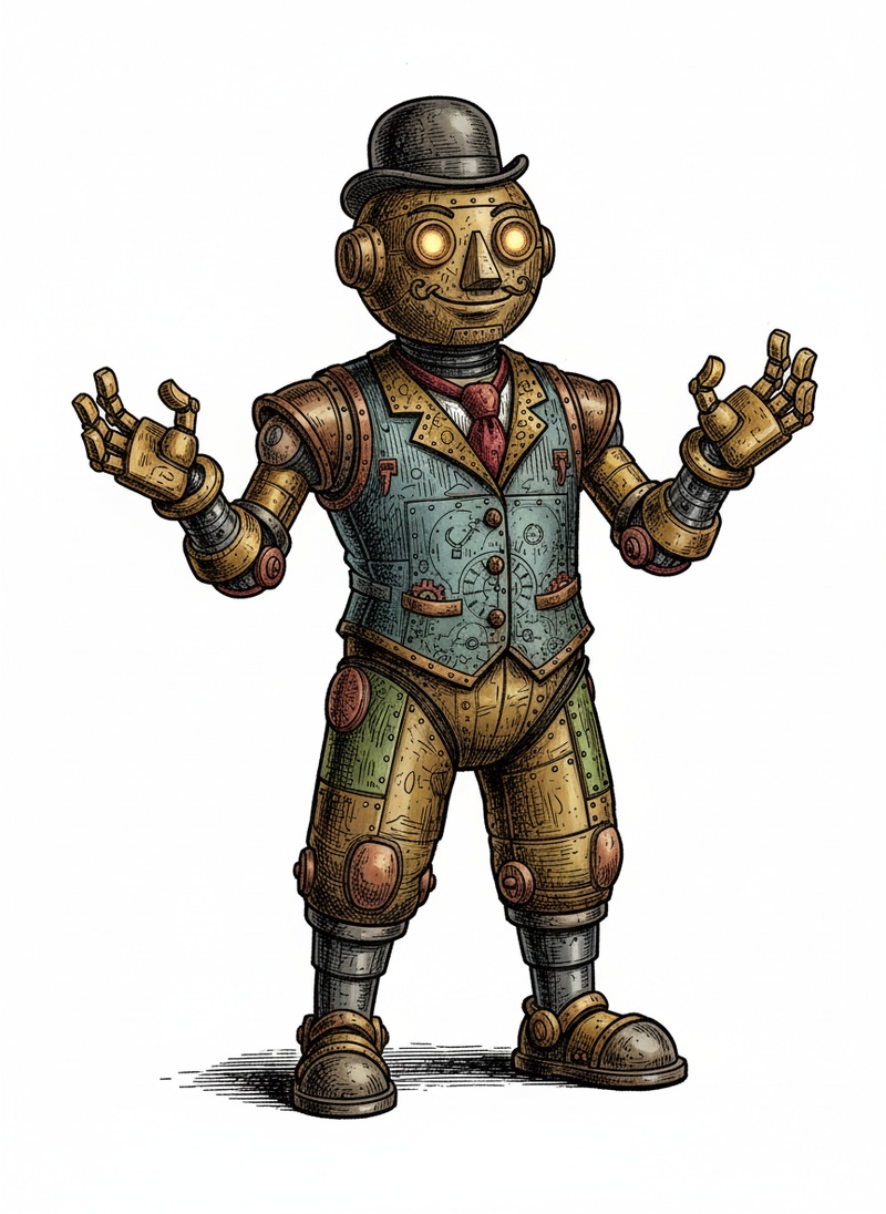 Sparky the Robot Helper in Victorian Illustration - Full Colored Illustration