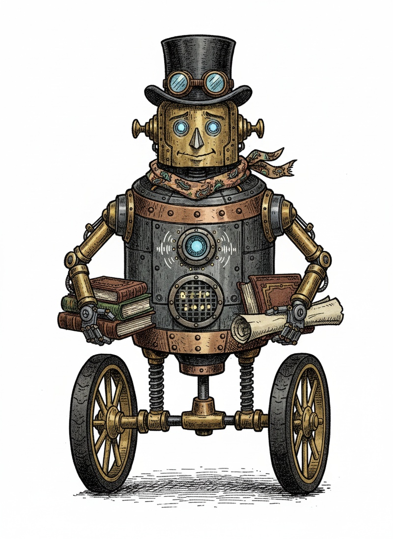 Beep the Robot Companion in Victorian Illustration - Full Colored Illustration