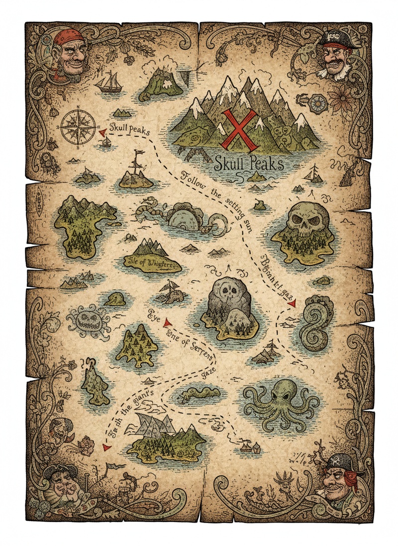 Ancient Map to Treasure in Victorian Illustration - Full Colored Illustration