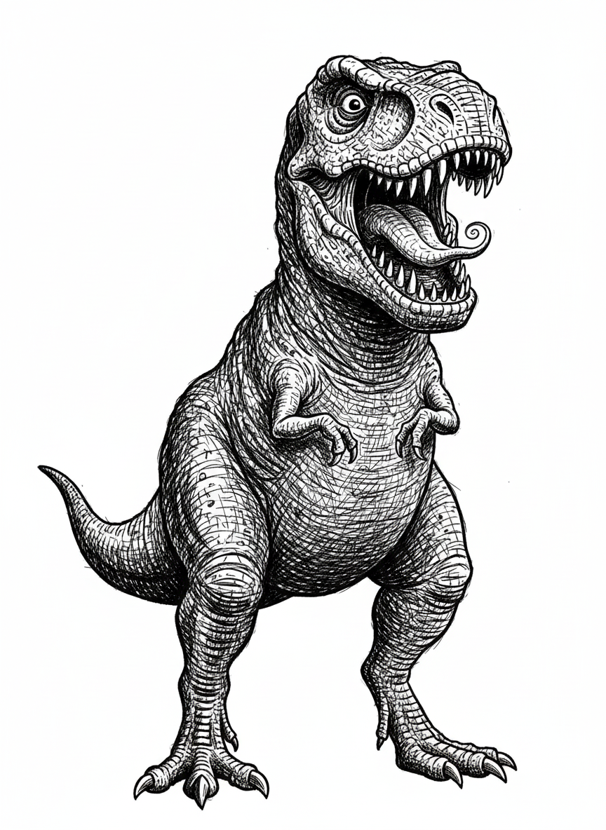 Rex the Fierce T-Rex - Black & White Illustration