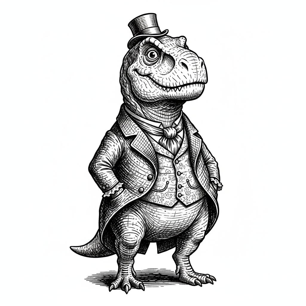 Dexter the Friendly Dinosaur - Black & White Illustration