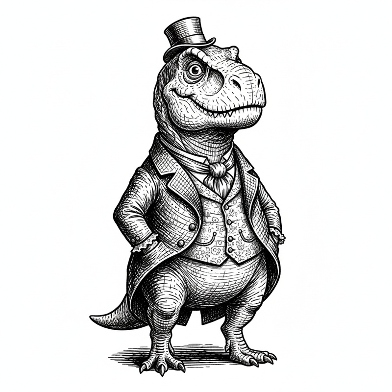 Dexter the Friendly Dinosaur in Victorian Illustration - Black & White Illustration