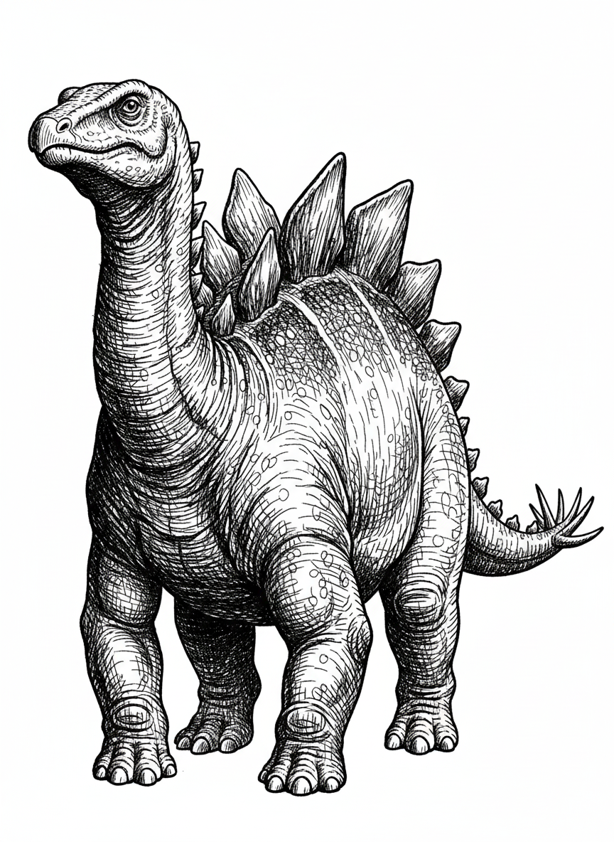 Spike the Stegosaurus - Black & White Illustration