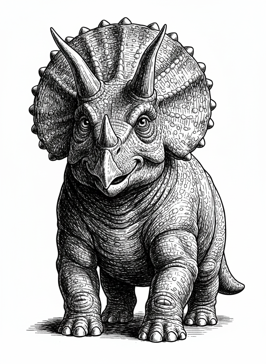 Trixie the Triceratops - Black & White Illustration