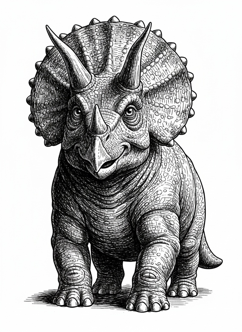 Trixie the Triceratops in Victorian Illustration - Black & White Illustration