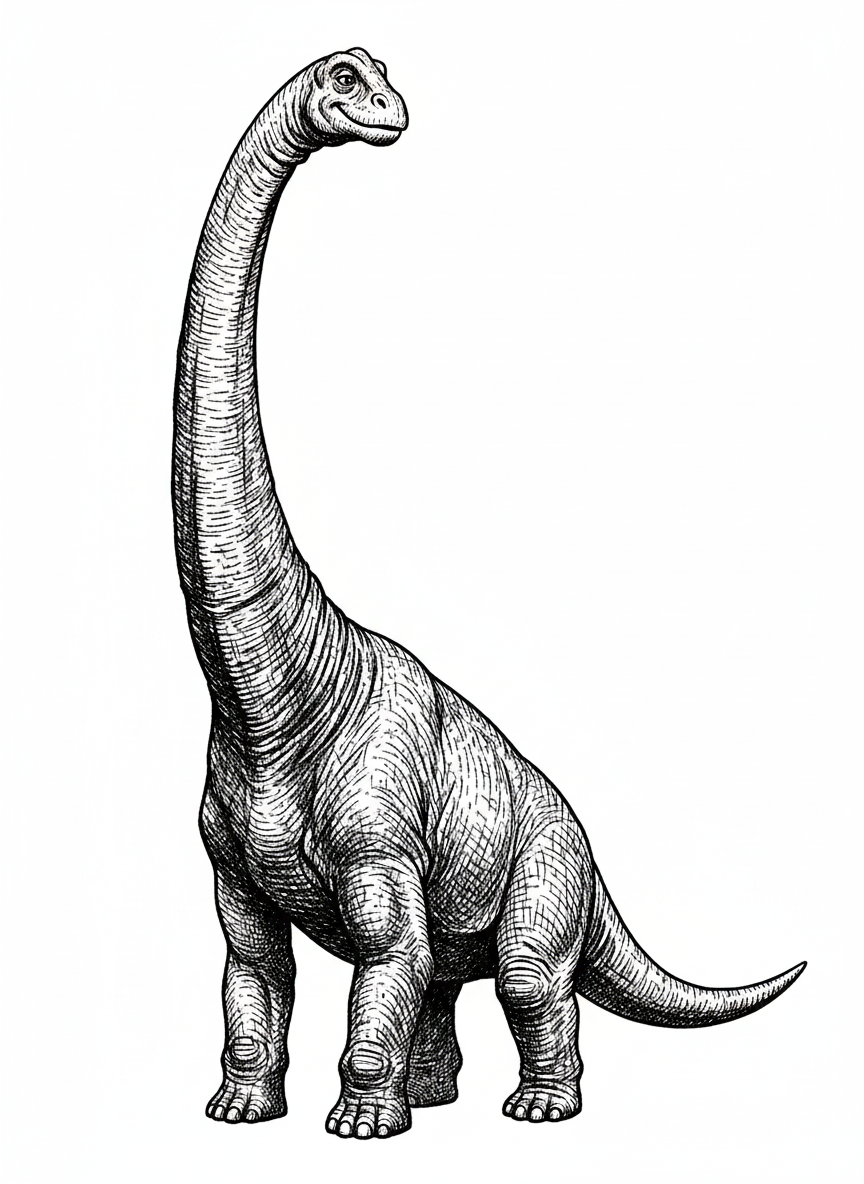 Stretch the Brachiosaurus - Black & White Illustration