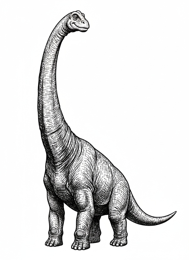 Stretch the Brachiosaurus in Victorian Illustration - Black & White Illustration