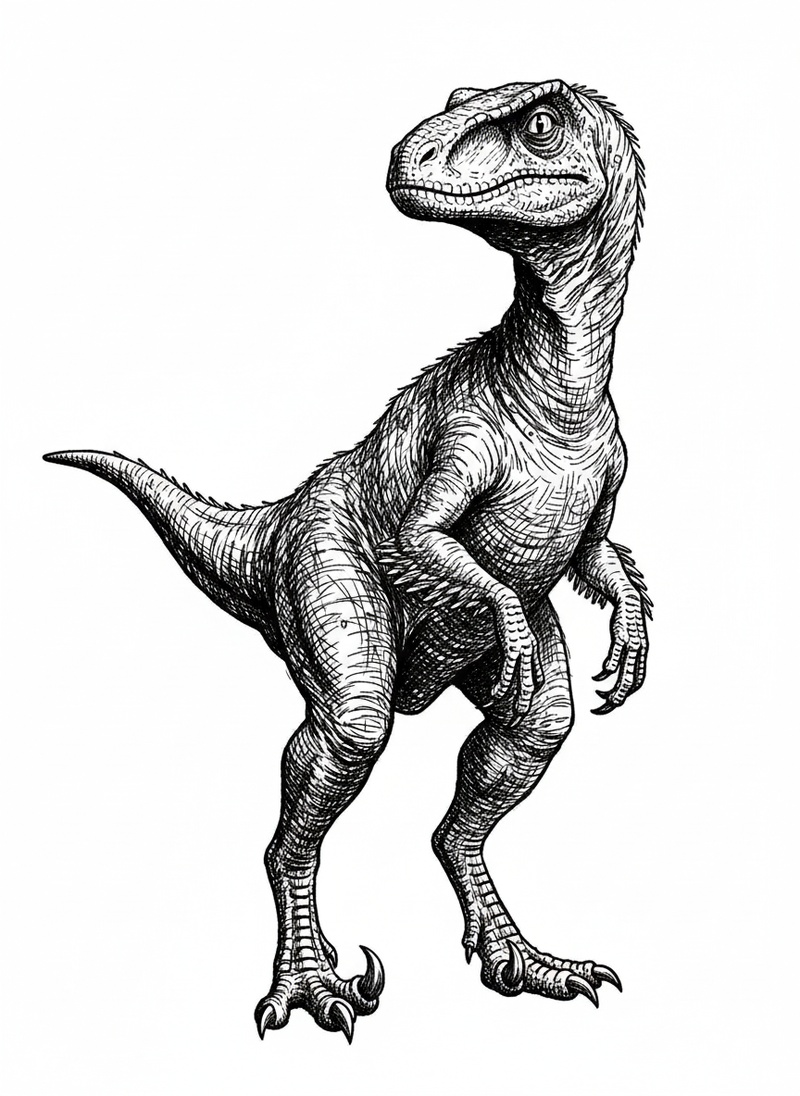 Zippy the Velociraptor in Victorian Illustration - Black & White Illustration