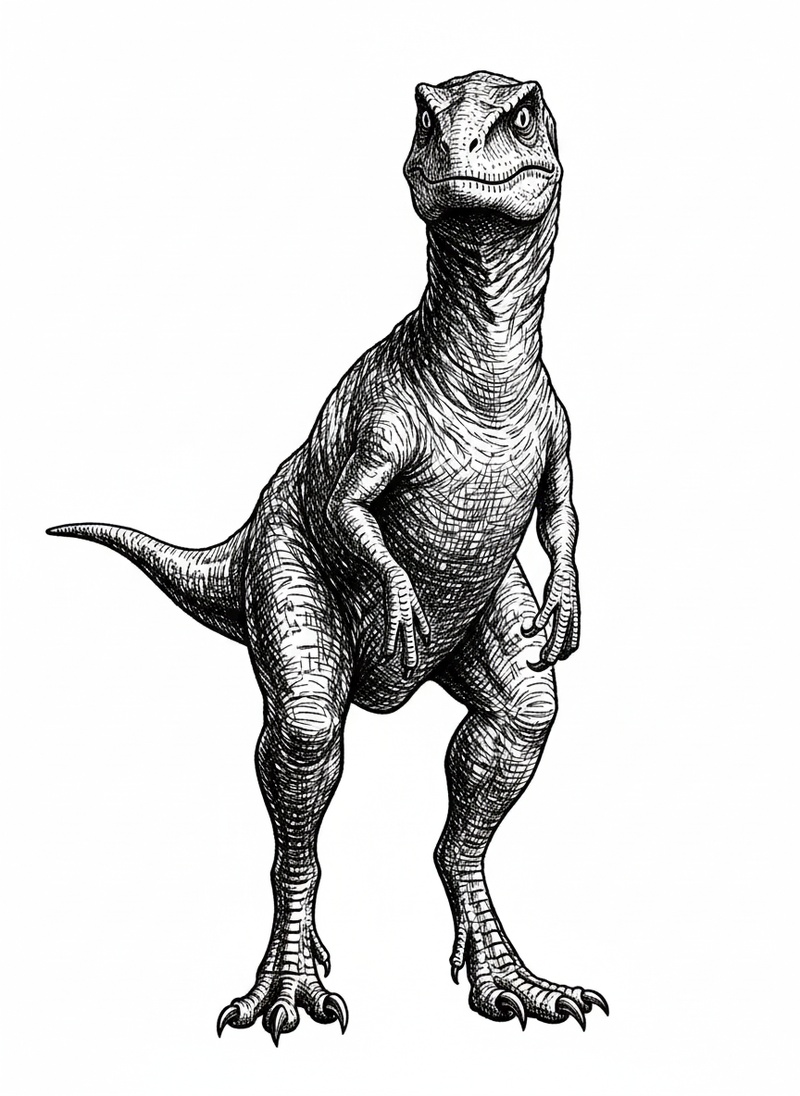 Striker the Pack Raptor in Victorian Illustration - Black & White Illustration