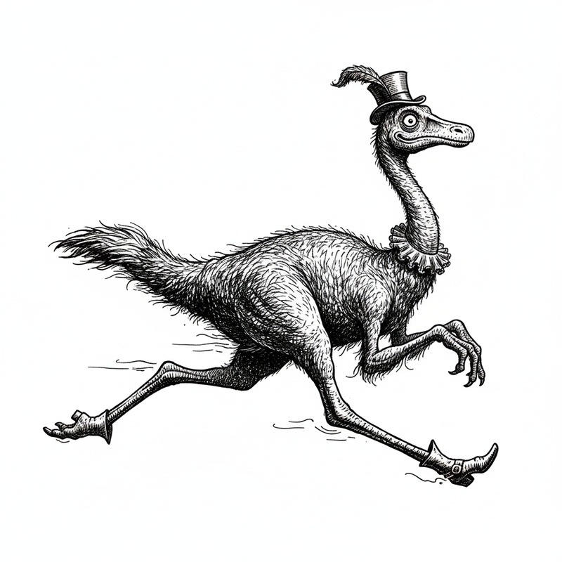 Dash the Gallimimus in Victorian Illustration - Black & White Illustration