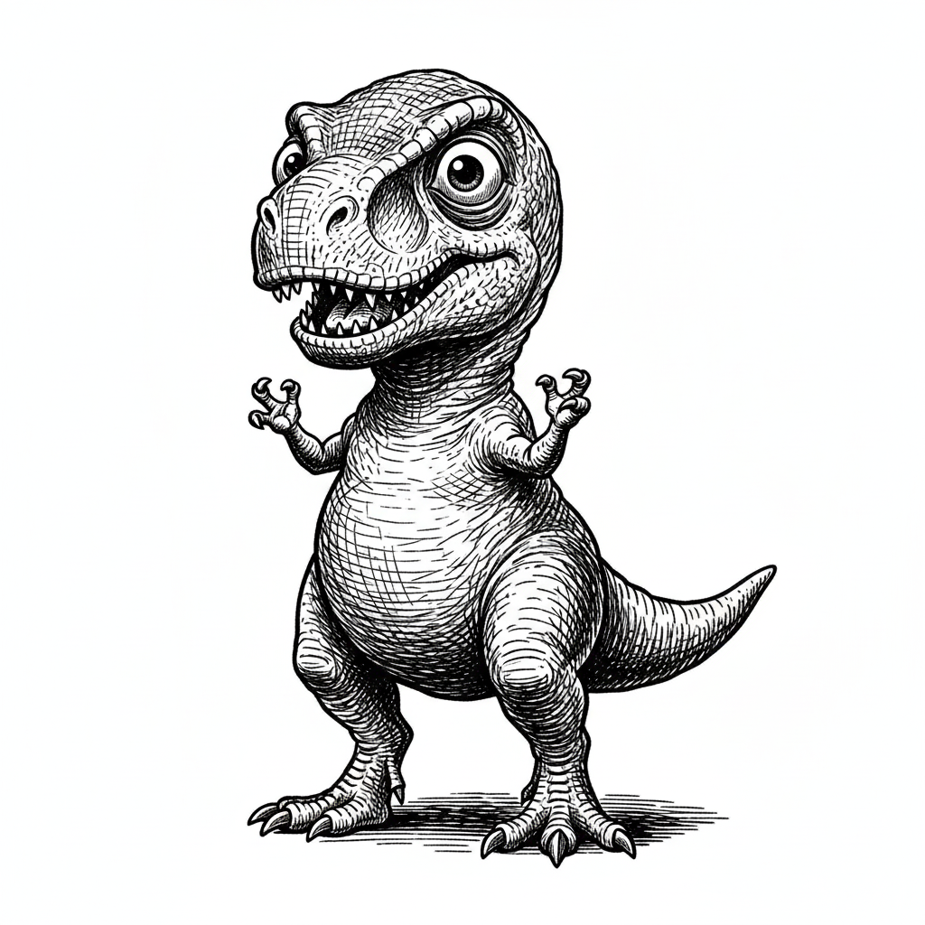 Chomper the Baby T-Rex - Black & White Illustration