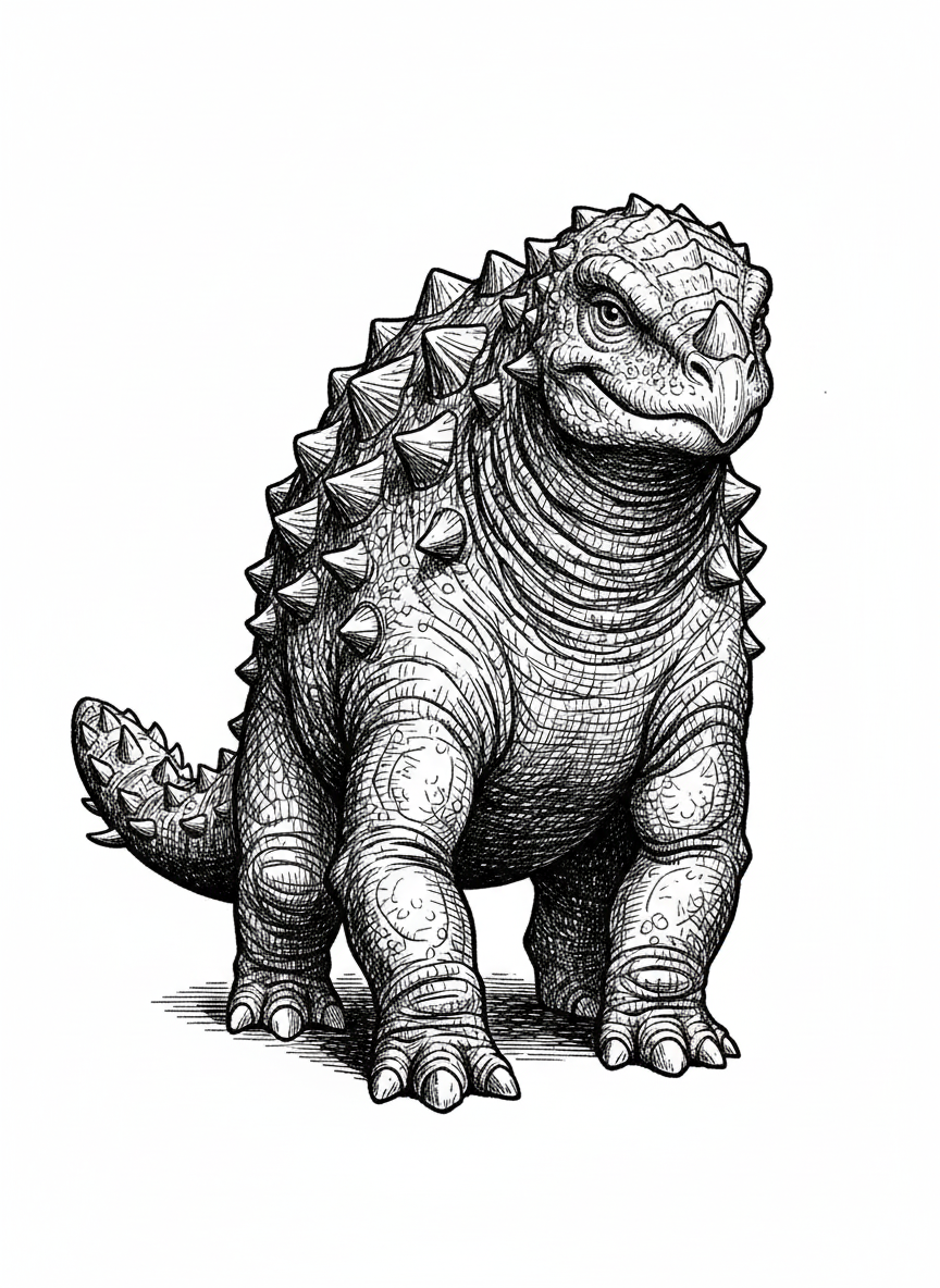 Tank the Ankylosaurus - Black & White Illustration