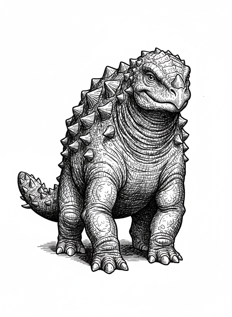 Tank the Ankylosaurus in Victorian Illustration - Black & White Illustration