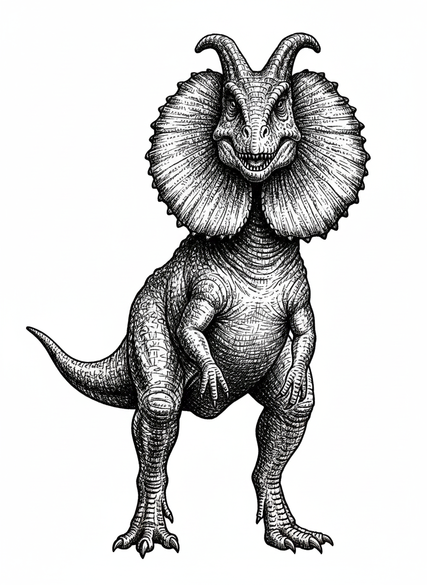 Spitter the Dilophosaurus - Black & White Illustration