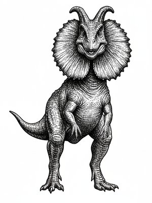 Spitter the Dilophosaurus in Victorian Illustration - Black & White Illustration